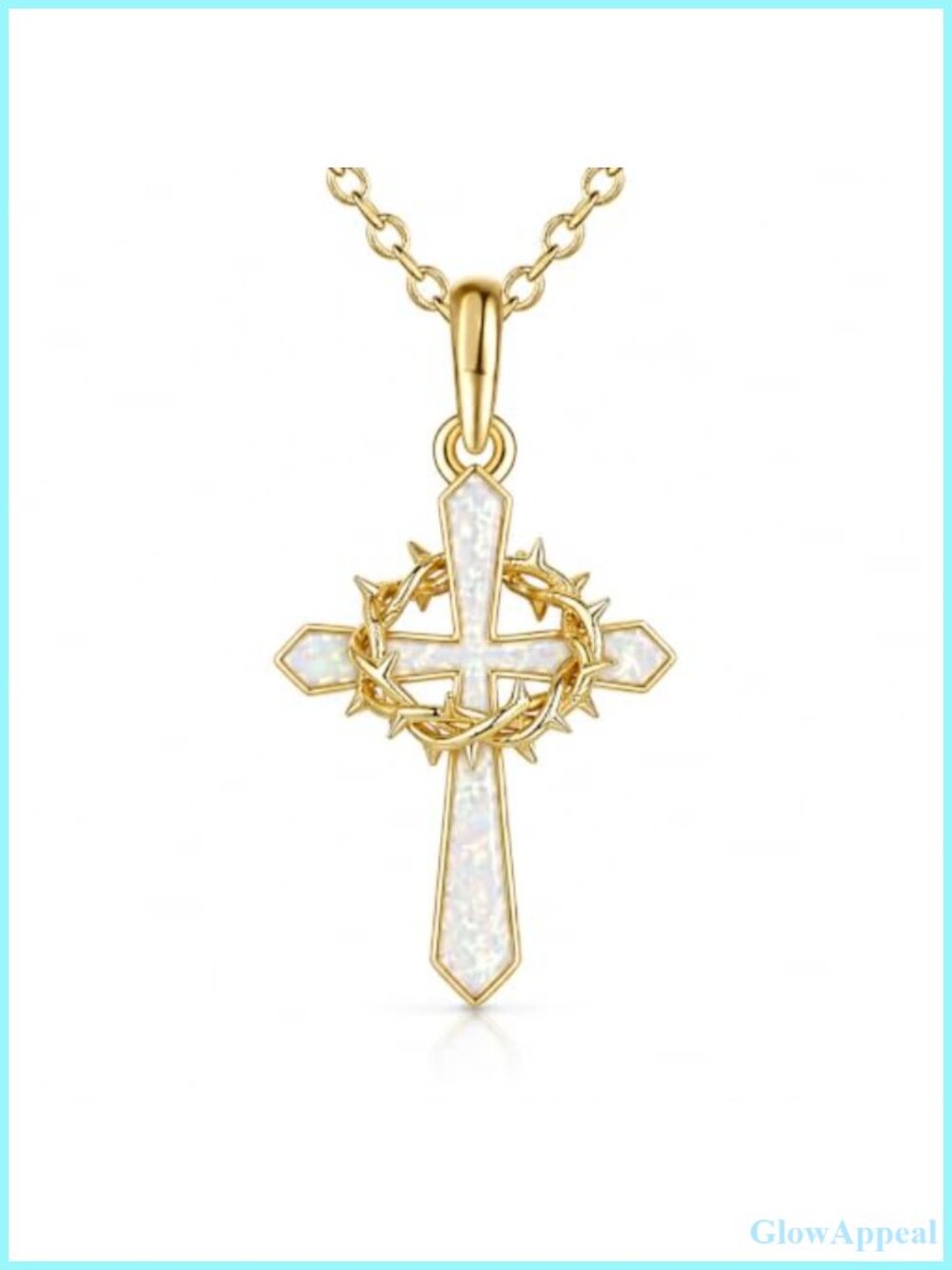 Crown of Thorns Cross Necklace Opal 14K Gold Plated Faith Pendant